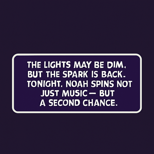 A rectangular comic-style narrator box placed near the bottom of a vertical panel (2048x2732). Dark purple background with rounded corners, white border. Inside, centered white text in clean comic font reads:
"The lights may be dim, but the spark is back. Tonight, Noah spins not just music — but a second chance.".
In-Game asset.  2d.  High contrast.  No shadows