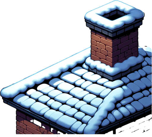 close up of a Snow covered roof, Winter scene, star lit night sky, brick chimbly on right hand side, Single Game Texture. In-Game asset. 2d. Blank background. High contrast. No shadows.