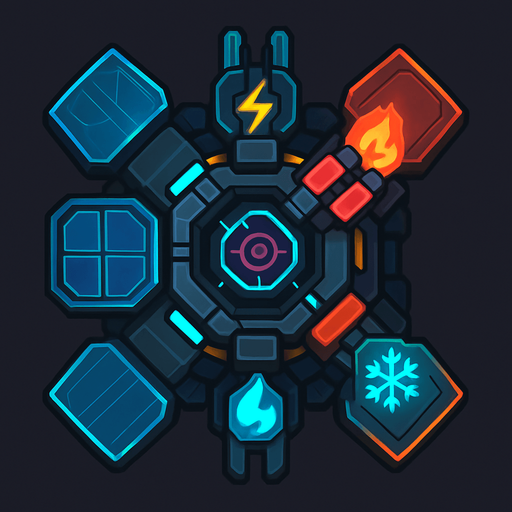 top-down view, transformable virus defense tower, modular energy panels, electric fire ice modes, adaptive cyber node design, neon highlights.
In-Game asset.  2d.  High contrast.  No shadows