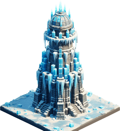 A super awesome turret tower built of ice blocks. Front view perspective. Single Game Texture. In-Game asset. 2d. Blank background. High contrast. No shadows.