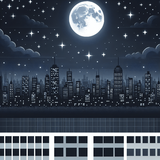 City, night with moon and stars.
Single Game Texture. In-Game asset. 2d. Blank background. High contrast. No shadows.