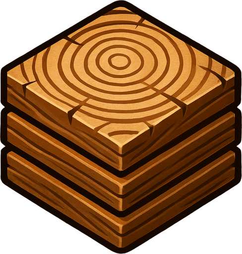 Crea un icono de madera que represente el recurso de construcción y mejora. Debe ser una pila de troncos cortados o un fajo de tablones de madera, vistos directamente desde arriba. La superficie superior debe mostrar la textura de la madera (anillos de crecimiento, vetas) y un sombreado que dé volumen a la pila..
In-Game asset.  2d.  High contrast.  No shadows