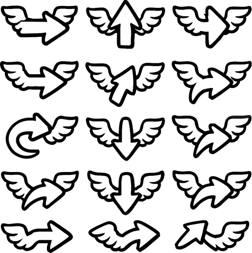 Spreite sheets of simple white arrows with wings.
In-Game asset.  2d.  High contrast.  No shadows