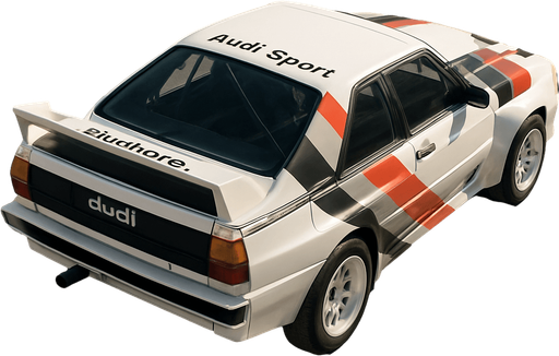 Photorealistic white audi b2 quattro RALLYCAR with red,grey,black stripes livery, drone topview from back. Angle should be 45 degrees in the top right corner of the screen.