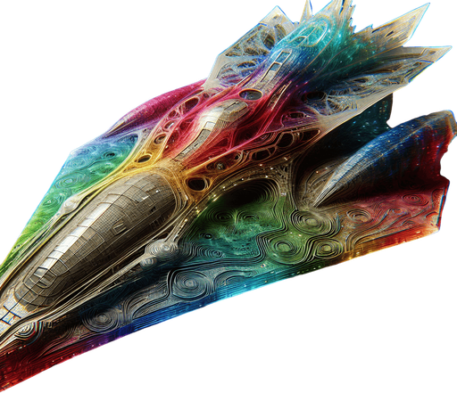 “Энигма” представляет собой величественный космический корабль, выполненный в форме кристалла с плавными, органическими линиями. Его корпус переливается всеми цветами радуги, создавая впечатление, что корабль постоянно меняет свой облик. На поверхности можно заметить сложные узоры, напоминающие древние руны, которые светятся мягким светом..
Single Game Texture. In-Game asset. 2d. Blank background. High contrast. No shadows.