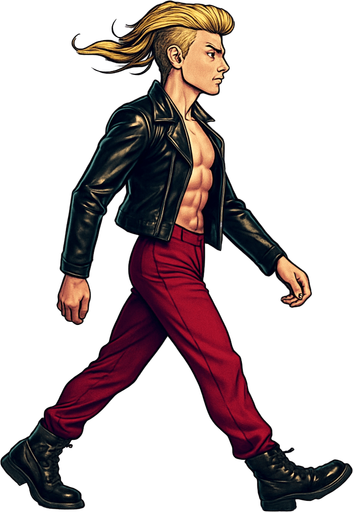 Walking Front arm in front of body, front leg extended behind, back leg in front, limbs positions swapped, Swishy graceful man Cyberpunk manga, side profile view walking animation, shiny black leather biker jacket longsleeves shirtless Skinny abs blonde pompadour guy, wine red joggers combat boots, Background removed, "Full-body character, entirely in frame, no cropping of face, head, or feet" "Complete character visible, from head to toe, fully centered in the image" "Entire character, including face and boots, fully within the frame" Character fully contained within a square frame, no edges cut off fashion model idle pose