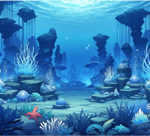 underwater, ocean, anime landscape
Single Game Texture. In-Game asset. 2d. Blank background. High contrast. No shadows.