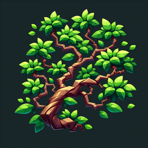 A tree branch with green leaves
Single Game Texture. In-Game asset. 2d. Blank background. High contrast. No shadows.