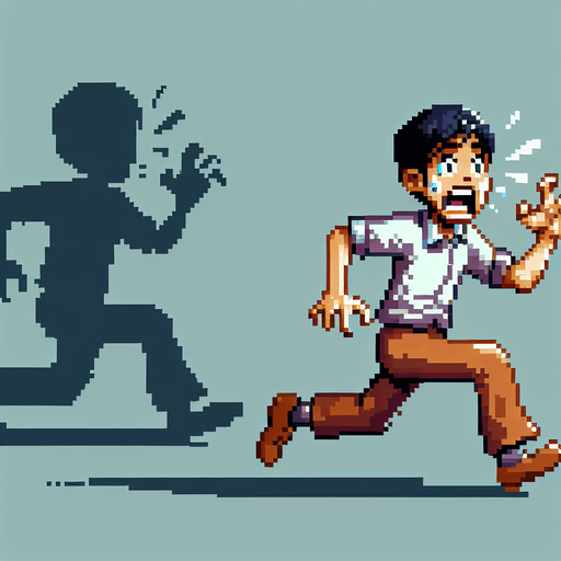 Pixel art,  Frightened adult running away scared..
Single Game Texture. In-Game asset. 2d. Blank background. High contrast. No shadows.