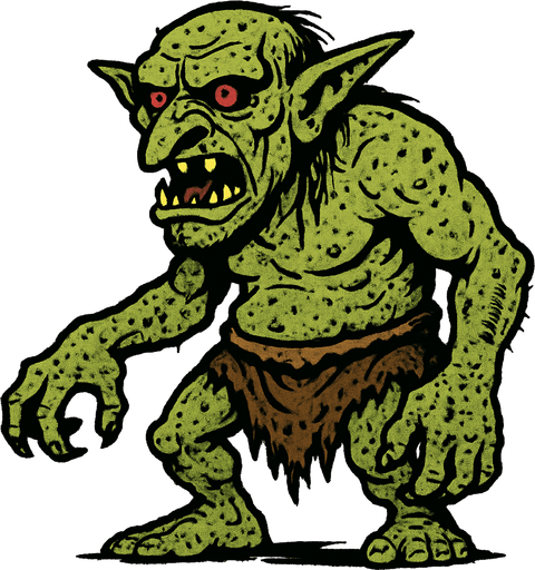 Büyük barbar vahşi pis bir goblin yeşil solgun derili.
In-Game asset.  2d.  High contrast.  No shadows