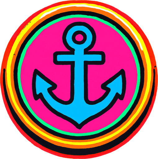 A round button with an embossed edge with an anchor in the center. 80s arcade machine graphics..
In-Game asset.  2d.  High contrast.  No shadows