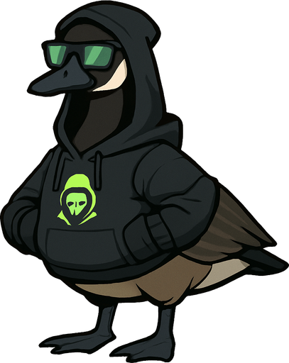 A Canadian goose in full body in hacker outfit.
In-Game asset.  2d.  No shadows