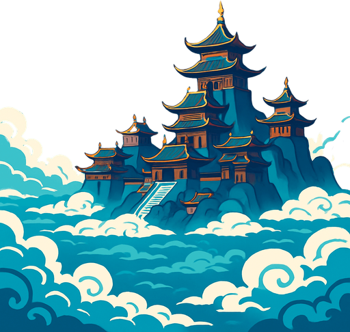 dari jauh terlihat istana langit di atas awan luas versi fantasy china.
In-Game asset.  2d.  High contrast.  No shadows