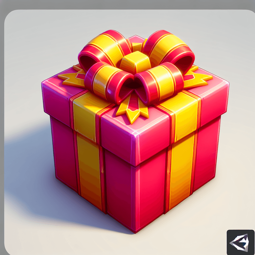 gift wrapped box, bright colours. with bow on top Single Game Texture. In-Game asset. 2d. Blank background. High contrast. No shadows. Single Game Texture.