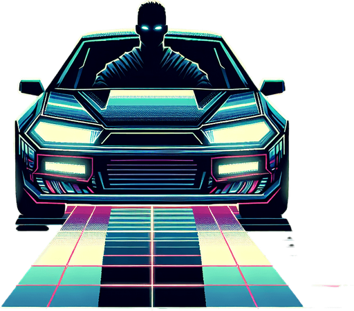 front of a car with a silouhete of a driver.
video game style