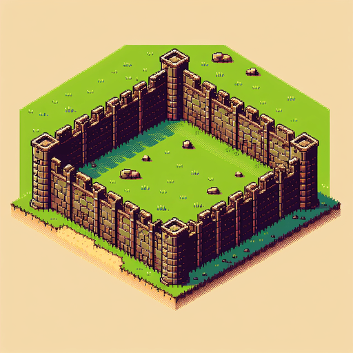 Make an ancient fortress wall facing north in an 8 bit style from a birds eye view.
Single Game Texture. In-Game asset. 2d. Blank background. High contrast. No shadows.