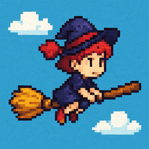 16 bit image litle girl ride flyng broom stick.
In-Game asset.  2d.