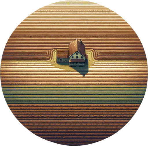 A straight top down perspective illustration of a large empty field with fertile, plowed but unplanted brown soil.There should be a farmhouse near the top..
Single Game Texture. In-Game asset. 2d. Blank background. High contrast. No shadows.