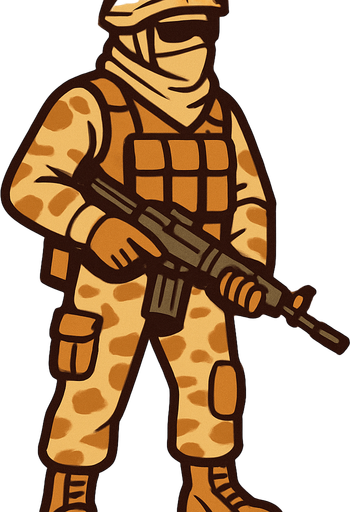 silahlı çöl kıyafeti giyen bir asker.
In-Game asset.  2d.  High contrast.  No shadows