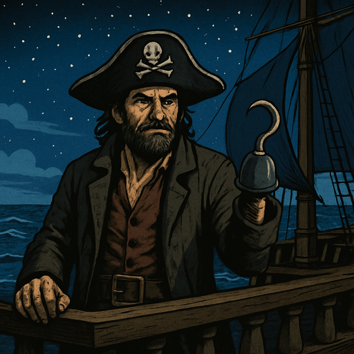 Pirata con sombrero pirata y garfio, en barco pirata, navegando sobre el mar en una noche estrellada, algo realista, pero fuera de lo caricaturesco.
In-Game asset.  2d.  High contrast.  No shadows
