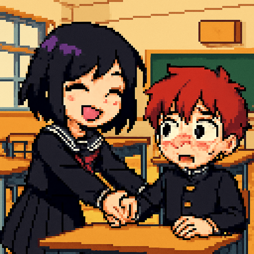 In pixel art style, a cute anime-style girl with an emo aesthetic, striking purple eyes, and a Japanese school uniform (sailor fuku) suddenly pulls the hand of a shy red-haired boy with red eyes, who is wearing a gakuran and sitting in front of a rectangular desk. She smiles brightly with her eyes closed as she yanks him toward her, pulling him out of his seat. The boy looks confused and nervous, flustered by the sudden physical contact. In the background, a typical Japanese classroom can be seen.