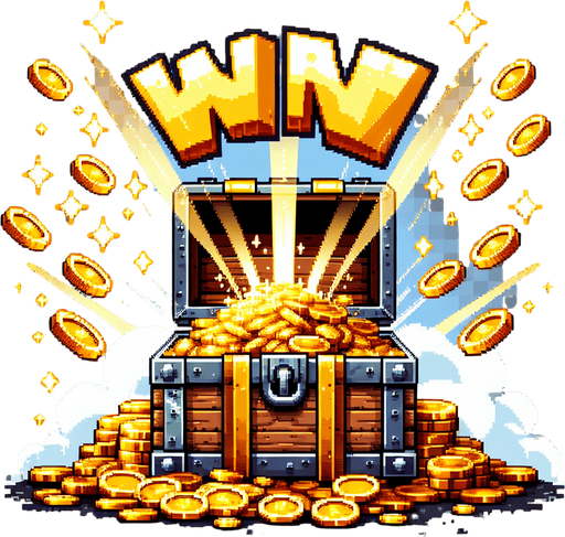 simple golden text saying "WIN". text is bursting out of the treasure chest with golden coins bursting behind the text. pirate themed banner. pixelated. 8 bit..
Single Game Texture. In-Game asset. 2d. Blank background. High contrast. No shadows.