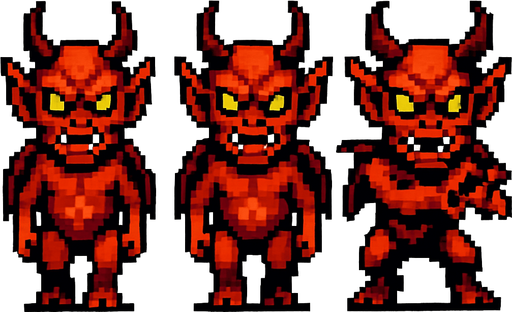 A sprite sheet for a demonic imp.Two walking sprites alternating feet and one attack sprite. Straight forward frontal view. Imp is facing the camera. White background. Retro pixel art..
In-Game asset.  2d.  High contrast.  No shadows