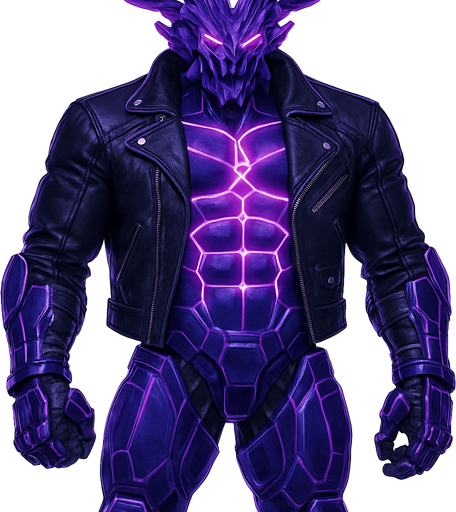Black leather biker jacket longsleeves bare segmented neon cyberpunk pecs abs muscles robot monster hunk Neon cyberpunk 3d hologram corporate occult demon android mecha robot sentinel guard soldier machine monster fully in frame no part cut off no background anime futuristic