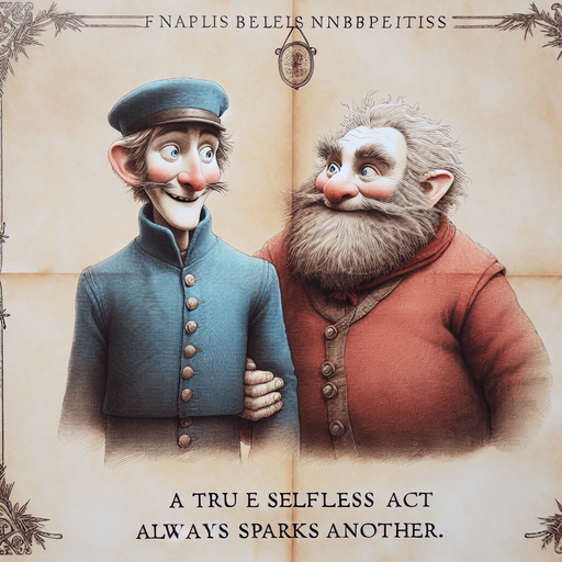 a pergament with Klaus and Jesper from the movie Klaus. There is the text: "A true selfless act always sparks another. -Klaus"