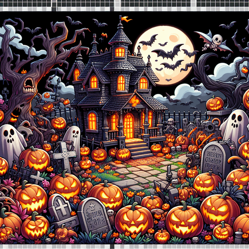 Generate a high quality cartoon background Halloween image on a black canvas similar to the format of where is waldo.
Single Game Texture. In-Game asset. 2d. Blank background. High contrast. No shadows.