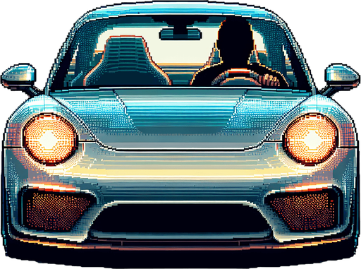 front of a car with a silouhete of a driver.
video game style