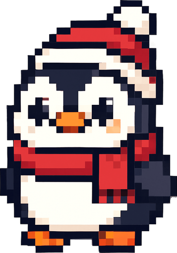 El pingüino debe ser un personaje tierno y redondeado, con cuerpo negro y blanco bien definido, picos y patas naranjas, y ojos grandes y expresivos que transmitan simpatía; puede llevar una bufanda roja o gorrito invernal como detalle extra, y debe tener una animación suave de balanceo lateral o parpadeo para darle vida; el estilo debe ser pixel art limpio, con trazos simples y colores vivos, y el fondo transparente para que se integre perfectamente en un juego casual y alegre.
In-Game asset.  2d.  High contrast.  No shadows