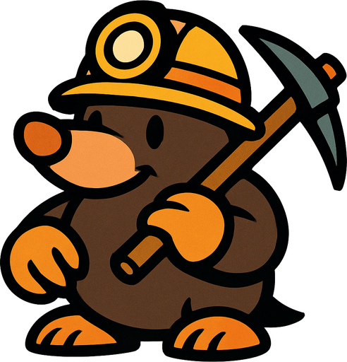 Mole with a minerer's hat and a pickaxe.
In-Game asset.  2d.  High contrast.  No shadows