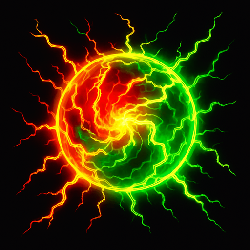 An solid plasma ball of electrical force emanating power filled with reds yellows and green electric power.
In-Game asset.  2d.  High contrast.  No shadows