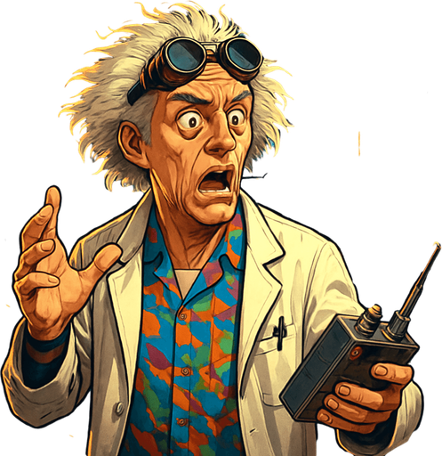 A realistic digital portrait of an eccentric elderly scientist with wild, white, frizzy hair and expressive eyebrows, wearing retro-futuristic goggles on his forehead, a white lab coat over a colorful 1980s shirt, and holding a futuristic remote control device. The background features a glowing DeLorean time machine with lightning and sparks. The character looks surprised and excited, with wide eyes and a dramatic pose. Cinematic lighting, hyper-detailed, 4K resolution, concept art style, inspired by 1980s sci-fi movies..
In-Game asset.  2d.  High contrast.  No shadows