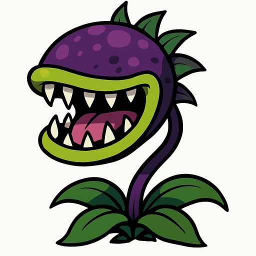 Planta Carnívora con una cabeza grande y ovalada de color púrpura oscuro, salpicada con manchas más claras del mismo tono. Su boca es enorme, bordeada por un labio verde lima y llena de dientes blancos y afilados. Dentro de su boca, se ve una lengua rosada y una garganta oscura. Un tallo delgado y púrpura sostiene la cabeza, y en su base, tiene varias hojas verdes que se curvan hacia abajo. Pequeñas hojas puntiagudas también brotan de la parte superior y trasera de su cabeza..
In-Game asset.  2d.  High contrast.  No shadows