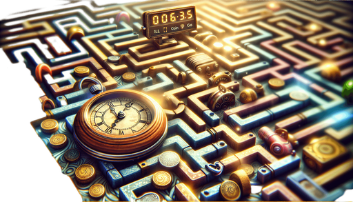 Fullscreen, high definition, light, blur, small time watch, colors, wood, for a game titled "Maze" and with the description "Navigate ever-changing mazes! Each level with different background, coins, time speed. Can you finish collecting coins before time is up? Challenge your skills in Maze!". with text on banner "MAZE"!