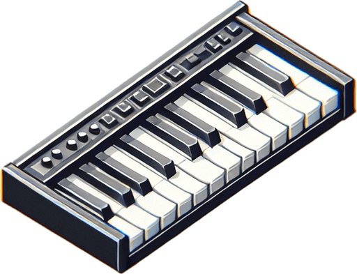 music keyboard.
Single Game Texture.  In-Game asset.  2d.  Blank background.  High contrast.  No shadows