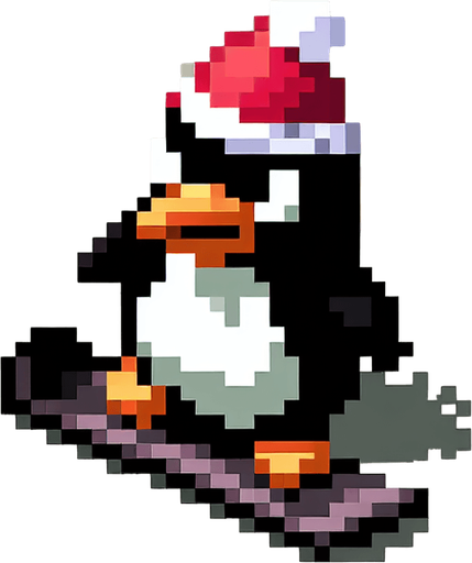 angry penguin snowboarder wearing a red santa hat. top-view. gta 2. seen from above. Single Game Texture. In-Game asset. 2d. Blank background. High contrast. No shadows. pixelated. 8 bit
