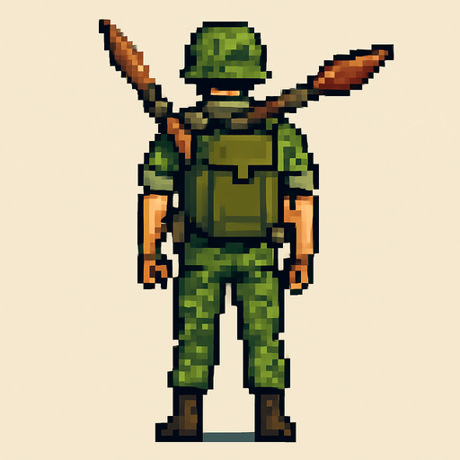 Militar de espalda, derecho , rpg, pixelart.
In-Game asset.  2d.  High contrast.  No shadows