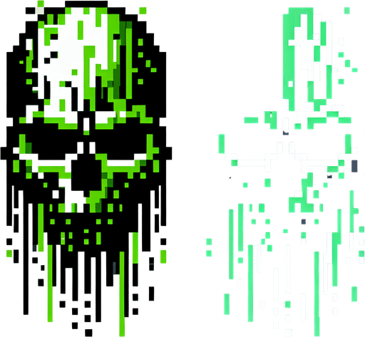 A pixelated skull with green digital "code streams" dripping down, symbolizing a destructive digital attack.
Neon green and dark gray..
Single Game Texture. In-Game asset. 2d. Blank background. High contrast. No shadows.