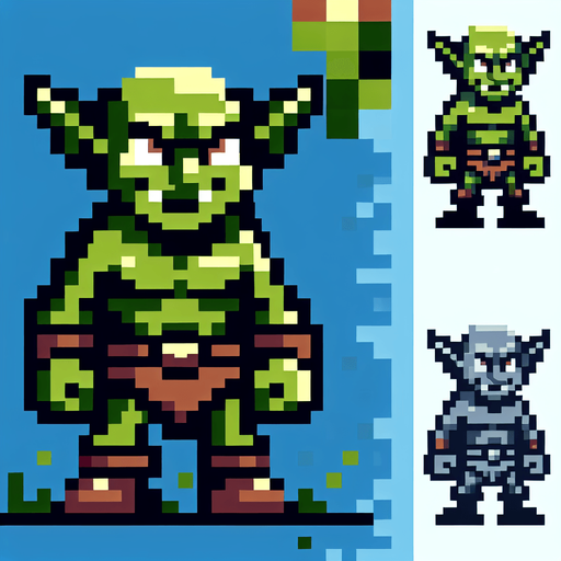 2d pixel goblin.
Single Game Texture. In-Game asset. 2d. Blank background. High contrast. No shadows.