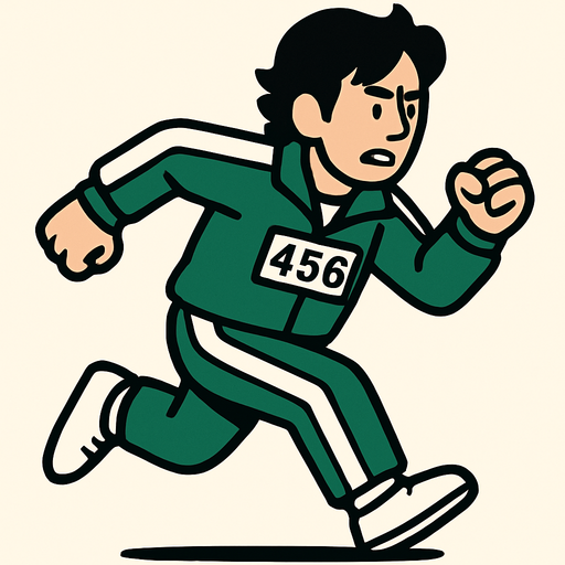Crea al player del juego el calamar con el traja verde corriendo con el numero 456..
In-Game asset.  2d.  High contrast.  No shadows