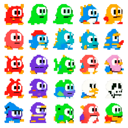 A spritesheet of enemies from the retro arcade pixel game Bubble Bobble.
In-Game asset.  2d.  High contrast.  No shadows