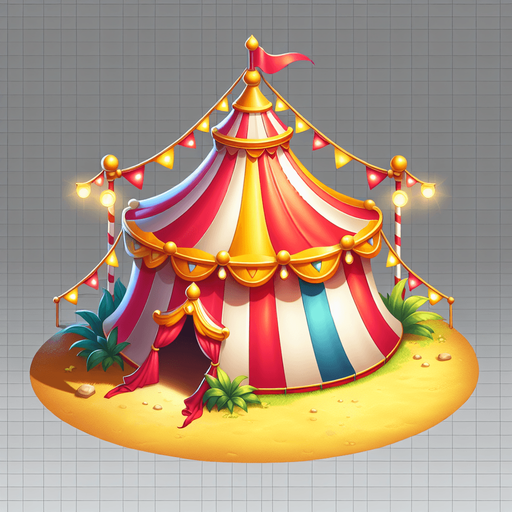 circus tent png image.
Single Game Texture.  In-Game asset.  2d.  Blank background.  High contrast.  No shadows