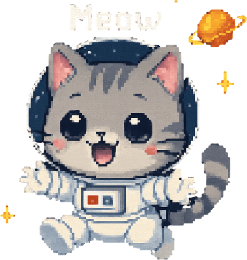 A cute gray kitten, drawn in an adorable chibi anime style and wearing an astronaut suit, floats in outer space with its little paws outstretched as if reaching out for a hug. It meows sweetly, and the entire scene is illustrated in charming Pixel Art style.