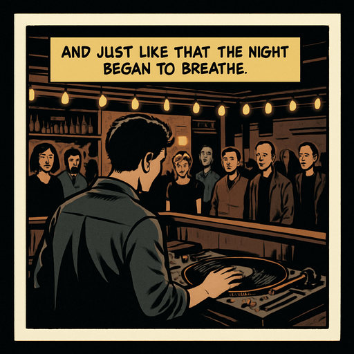 A comic panel styled like a square photo print with a clean white border. Realistic comic art. Scene: Over-the-shoulder view of Noah at the booth, the crowd in the bar small but curious. One hand on the vinyl, lights begin to flicker rhythmically. Narrator box at the top reads: “And just like that, the night began to breathe.”.
In-Game asset.  2d.  High contrast.  No shadows