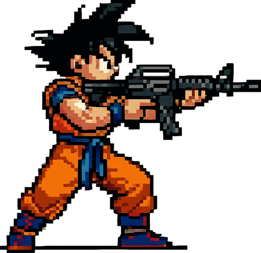 goku de dragon ball hecho con pixeles de cuepo completo con perspectiva lateral apuntando don un rifle de asalto m4
In-Game asset.  2d.  High contrast.  No shadows