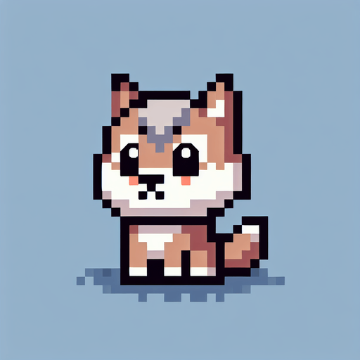 Wolf puppy 8-bit character cute and adorable.
Single Game Texture. In-Game asset. 2d. Blank background. High contrast. No shadows.