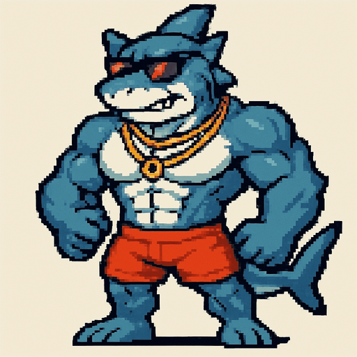 Tiburón furry fuerte sin camisa y con shorts, que en la cara lleve unas gafas de sol, que lleve colgantes y que sea pixeleado que se vea todo su cuerpo 
In-Game asset.  2d.  High contrast.  No shadows